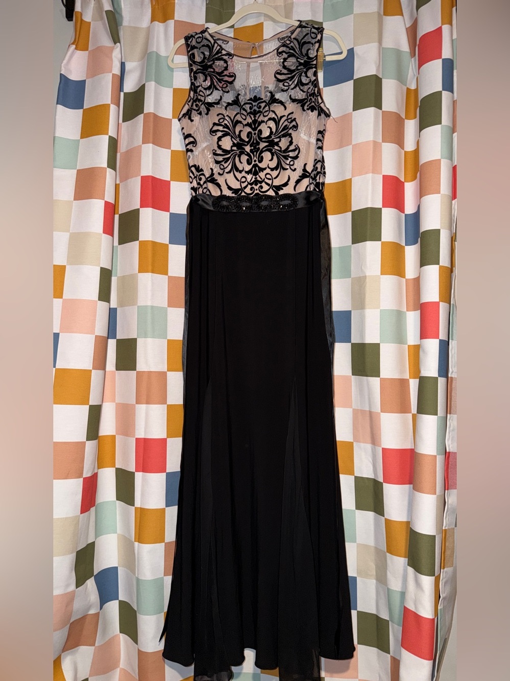 Betsy & Adam Black Formal Gown Size 14 | Velvet Damask Illusion Bodice